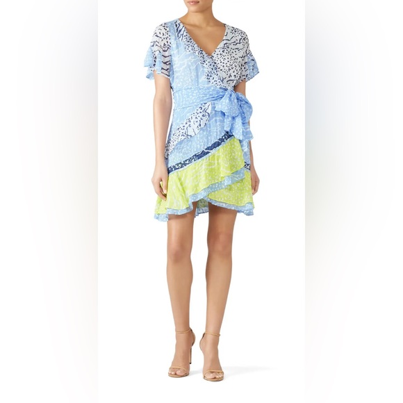 🍡🍭TANYA TAYLOR  Bianka ruffle wrap dress mixed print blue yellow size 2 - Picture 2 of 7